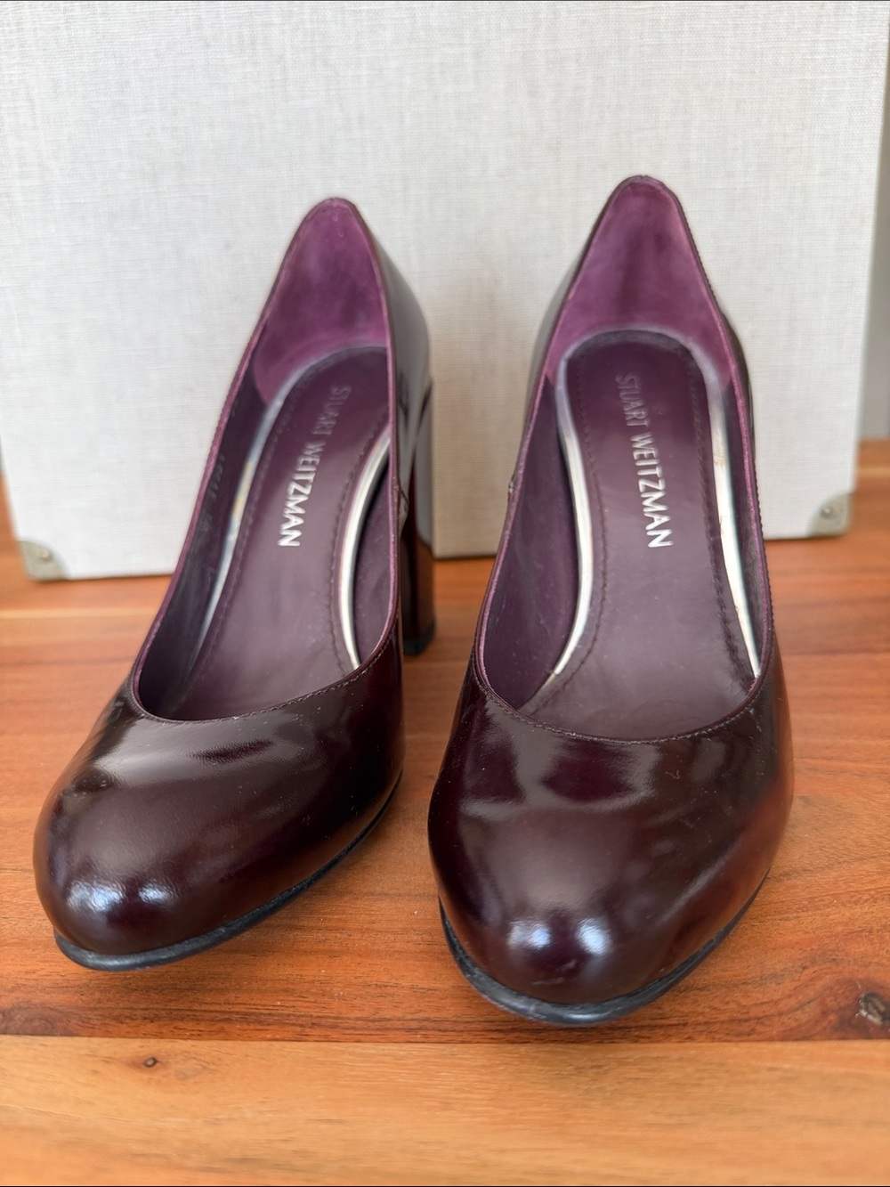 Stuart Weitzman Deep Burgundy Patent Leather Block Heels US7 1/2